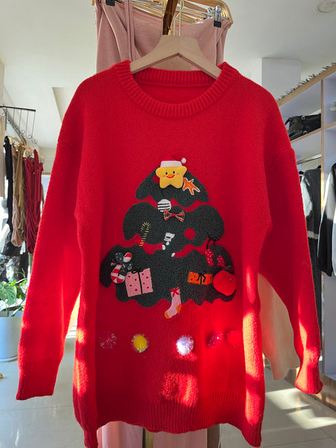 Christmas Tree Print Round Winter Pullover